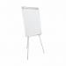 The photograph shows a grey Bi-Silque flipchart easel with a black tripod base. It is set up on a whiteboard, with a magnetic paper pad attached to the easel. The paper pad is 600x850mm in size and features a clean, smooth surface. The easel is adjustable and can be used in various angles for writing and presenting. The overall design is sleek and professional, making it suitable for any workspace.