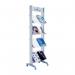 This photo features a grey Paperflow floor standing display unit with four shelves for organizing and showcasing literature. The display unit is mobile and designed for fast paper storage.