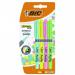 This photo features a pack of 4 Bic Grip Highlighter Pens in assorted pastel colours. The chisel tip allows for a line thickness of 1.5-3.3mm, perfect for highlighting and underlining. The Bic logo is prominently displayed on the grip area. The colours include blue, pink, green, and yellow.