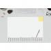 The photo shows a white 3-year calendar desk pad with 30 sheets, measuring 595x410mm, from Sigel. The pad features a memo section and is surrounded by desk mats, perfect for keeping organized and on track.