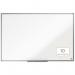 The photo displays a sleek, aluminium framed whiteboard from ACCO Brands. The surface is made of non-magnetic, melamine material and measures 900x600mm. The whiteboard, from the Nobo Essence collection, is designed for use with drywipe markers.