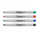 In this photograph, you can see a pack of four Sharpie permanent markers from Newell Brands. The markers have an ultra fine tip of 0.6mm and come in assorted standard colors. They are known for their bold and long-lasting lines.