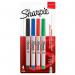 The picture captures a set of four Newell Brands Sharpie Markers, with a sleek and thin ultra fine tip of 0.6mm, in a variety of vibrant standard colors. The markers are labelled as sharpie permanent and are perfect for precise writing and drawing tasks.