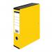 The photograph displays a pack of 10 yellow ValueX box files, each with a paper on board construction. These foolscap size files have a capacity of 65mm and a spine width of 80mm, and are secured with a clip closure.