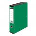 The picture features a set of 10 green ValueX box files, each with a clip closure and a capacity of 65mm for foolscap-sized paper. The files are made of durable paper on board material, with a spine width of 80mm. The clean design and simple clip closure make these box files perfect for storing and organizing important documents.