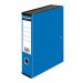 The photograph features a set of 10 blue ValueX box files. Each box file is made of paper on board and is capable of holding foolscap paper. The files have a clip closure and can hold up to 65mm of paper, with a spine width of 80mm. The files are neatly packed in a stack, highlighting their compact and organized design.