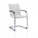 In the picture, we see a sleek and modern white cantilever chair with soft bonded leather upholstery. The dynamic and elegant design of the chair is further accentuated by its curved backrest and chrome metal frame. The chair appears to be both comfortable and stylish, making it a great addition to any modern living or workspace.