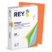 The photograph shows a stack of Sylvamo Coloured Paper in A4 size with a vibrant deep orange shade. The smooth surface and 80gsm weight are evident, with a ream containing 500 sheets. This paper is perfect for various creative projects.