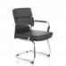 In the picture, you can see a black soft bonded leather visitor chair with arms. The chair has a dynamic design, perfect for any modern office or waiting area. The leather adds a touch of elegance, making it a stylish and comfortable seating option for your visitors.