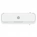 The photo shows a sleek and compact HP OneLam 400 A4 Laminator, part of the 3160 series, in action. Its HP Laminating Machines provide professional and efficient laminating for all your A4 documents.