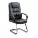This sleek and modern chair features a black leather seat and back with curved, cantilever arms. Its dynamic design adds both style and functionality to any space.