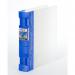 The photo displays a set of frost cobalt blue polypropylene Keba ring binders from Guildhall. These binders feature an ergonomic grip, 8 prongs, and 4 x 55mm rings, making them perfect for organizing A4 documents. The set includes 2 binders.