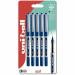 In the photo, the Mitsubishi Pencil Company Rollerball Pens uni-ball Eye Micro UB-150 Liquid Ink Rollerball Pen is shown in a pack of five. The pens have a 0.5mm tip and create a fine 0.3mm line. The packaging is plastic-free and the pens are all in a striking blue color. Each pen has the Mitsubishi logo and product name printed on its sleek barrel. The pens appear to be high-quality and perfect for precise writing or drawing tasks.
