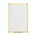 The photograph features a bright yellow aluminum frame surrounding a Bi-Silque magnetic whiteboard with a glossy, lacquered steel surface. The whiteboard measures 900x600mm and is from the Bi-Office Ultrabrite collection.