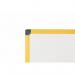 The image shows a yellow aluminum-framed magnetic whiteboard from Bi-Silque, measuring 900x600mm and featuring a glossy lacquered steel surface. The board is ideal for writing and displaying documents and is designed by Bi-Office.