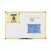 This picture shows a vibrant yellow aluminum-framed Bi-Silque magnetic whiteboard from the Bi-Office Ultrabrite collection. Made from lacquered steel, this 900x600mm whiteboard is perfect for brainstorming and collaborative work. Its magnetic surface allows for easy attachment of notes, documents, and more.