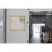 This picture shows a vibrant yellow aluminium-framed notice board with a magnetic lock and whiteboard display case. It is 940x1288mm in size and can hold 16 A4 sheets. This eye-catching board is perfect for displaying important information and notices in any office or classroom setting.