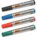 This photo shows a pack of four Bic Permanent Markers in assorted colors. The markers have a chisel tip and a line width of 3.7-5.5mm. They are Bic Marking 2300 Permanent Markers, perfect for a variety of writing and drawing tasks.