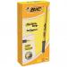 The picture shows a pack of 12 Bic highlighter pens in bright yellow color. Each pen has a chisel tip with a line size of 1.6-3.3mm, making it perfect for highlighting important notes or text. The pens have a comfortable grip for easy use and precise control.