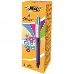 Cheap Stationery Supply of Bic 4 Colours Grip Fashion Ballpoint Pen 1mm Tip 0.32mm Line Purple Barrel Lime Green/Pink/Purple/Turquoise Ink (Pack 12) 69108BC Office Statationery
