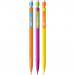 The picture shows a pack of 12 Bic Matic Strong Mechanical Pencils with assorted color barrels. The pencils have a HB 0.9mm lead and have a sleek and modern design. Each pencil has the Bic logo and the word Matic etched onto the barrel. The pack also includes a variety of vibrant colored erasers.