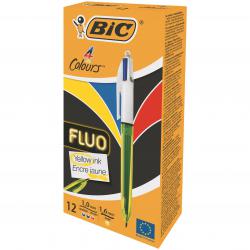 Cheap Stationery Supply of Bic 4 Colours Fluo Ballpoint Pen and Highlighter 1mm Tip 0.32mm Line and 1.6mm Tip 0.42mm Line Yellow/White Barrel Black/Blue/Red/Yellow Ink (Pack 12) 69255BC Office Statationery