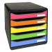 The photo shows a sleek black drawer set with a unique harlequin pattern, featuring five open drawers. The Exacompta branding is clearly visible on the front, adding a touch of elegance to this practical storage solution.