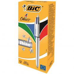 Cheap Stationery Supply of Bic 4 Colours Shine Ballpoint Pen 1mm Tip 0.32mm Line Silver Barrel Black/Blue/Green/Red Ink (Pack 12) 69402BC Office Statationery