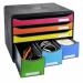 This image features a sleek and stylish black drawer set from ExaClair Limited, with six open drawers perfect for organizing office supplies. Its Harlequin design adds a classy touch to any workspace.