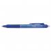 The image shows a pack of 12 Pilot FriXion Clicker erasable retractable gel rollerball pens in blue. Each pen has a 0.5mm tip for precise and smooth writing, with a 0.25mm line width. The pens have a sleek and modern design, with a comfortable grip for easy use. The retractable function allows for convenient storage and prevents ink from drying out. These pens are perfect for any writing task, from note-taking to journaling.