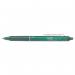 The picture shows a pack of 12 green Pilot FriXion Clicker gel rollerball pens with a 0.7mm tip and a 0.35mm line width. The pens are retractable and erasable, making them convenient and versatile for any writing task. Each pen has a sleek, modern design and is marked with the Pilot logo.