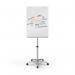 The photo shows a sleek and modern silver flipchart easel with a large glass writing surface measuring 700x1000mm. The easel also has a magnetic surface, making it easy to attach papers and notes. The easel is mounted on a mobile stand, allowing for easy transportation and placement in any location.
