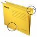 The image shows a set of 25 yellow Esselte Classic A4 suspension file boards, made by ACCO Brands. Each file has a 15mm V-shaped base, allowing for easy filing and organization of documents. The suspension files are suspended from the top of a filing cabinet, and are designed to hold standard A4-sized documents. The classic design and bright yellow color make these suspension files stand out in any office or workspace.