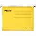 The photograph shows a pack of 25 yellow suspension files from ACCO Brands. Each file has a 15mm V base and is designed for A4 paper. The files feature the Esselte Classic design and make use of the suspension filing system.