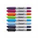 This picture features eight Newell Brands Sharpie Markers in assorted colors. The markers have a twin tip design with 0.5mm and 0.7mm line widths. The permanent ink is perfect for a variety of crafting, writing, and drawing projects.