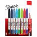 The image shows eight Sharpie twin tip markers from Newell Brands with a 0.5mm and 0.7mm line thickness. The markers come in assorted colors and are labeled with the Sharpie logo. The pack includes 72941NR markers and has a product code of 2065409.