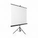 This picture shows a Bi-Silque Projector Screen from Bi-Office with a portable tripod and a 1250x1250mm size. The screen features a black border and housing, creating a sleek and professional appearance. Perfect for presentations or movie nights.