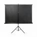 This image features a sleek Bi-Silque projector screen with a portable tripod for easy setup. The screen is 1250x1250mm and has a black border and housing for a professional look.