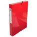 The photograph shows a set of Exacompta Iderama box files with a pulsing pressboard material, made to fit A4 paper with a 40mm spine width. Each file has a colorful elastic closure in assorted colors, and the set includes a total of 8 box files.