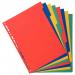 The image shows eight durable and colorful dividers made from 220gsm recycled card, designed by Exacompta. Each divider clearly displays its section number and has a smooth, professional finish. The vivid assorted colors add a touch of personality to any filing system.