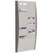 The photo features a sleek grey wall display unit with a document control panel and 2 x 25 compartments for organizing A4 papers. It is from Paperflow and designed for fast paper storage.