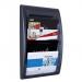 The image shows a sleek black wall display unit with multiple compartments for organizing and displaying literature. It has a modern design and is perfect for holding paper documents and other materials.