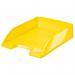 This photo showcases a vibrant yellow Leitz WOW Letter Tray designed by ACCO Brands. The tray has a portrait orientation and is suitable for A4 sized documents. The sleek and modern design adds a pop of color to any desk or office space.