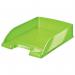 The photo shows a vibrant green ACCO Brands letter tray from the Leitz WOW collection. The tray is designed to hold A4 sized documents in a portrait orientation. Its sleek and modern design adds a pop of color and organization to any workspace.