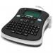 The photo shows a sleek black and silver label maker with a QWERTY keyboard, bearing the Newell Brands logo. The compact size makes it ideal for desktop use, and the Dymo LabelManager 210D is featured prominently on the device.