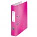The photo shows a pack of 10 pink metallic Lever Arch Files from ACCO Brands. The files are made of laminated paper on board and are designed to fit A4 documents with a spine width of 50mm. The files have a modern and stylish aesthetic, thanks to the Leitz WOW design. They are sturdy and durable, perfect for organizing and storing important papers. The metallic finish adds a touch of sophistication to any workspace.