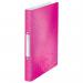 This image shows a pack of 10 pink metallic ACCO Brands Ring Binders. Each binder is made of durable polypropylene and has 2 O-shaped rings, perfect for organizing A4-sized papers. The binders are 25mm thick and have a vibrant and eye-catching design from Leitz WOW.