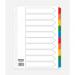 The picture shows a set of ValueX dividers and indexes, specifically the ValueX Divider 10 Part A4 Card White 150gsm with Coloured Mylar Tabs. The dividers are made of sturdy white card and have brightly colored tabs made of Mylar. The tabs are numbered, indicating the ten sections of the divider. The overall appearance is organized and professional, perfect for keeping documents and papers neatly categorized.