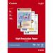 This photograph features a pack of Canon HR100 High Resolution Paper, specifically designed for A4 size prints. The pack contains 50 sheets and is branded with the recognizable Canon logo. The paper has a glossy finish and a smooth texture, perfect for high quality prints.