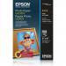 An image of Epson Glossy Photo Paper shows a stack of 100 sheets, each measuring 10 x 15cm. The papers have a glossy finish, making them ideal for printing high-quality photos. The Epson logo is featured prominently on the packaging.